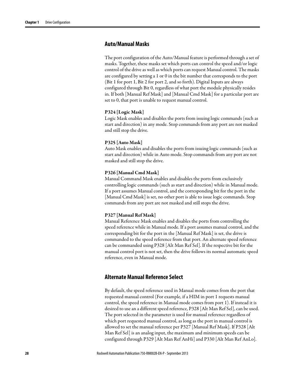 Auto/manual masks, Alternate manual reference select | Rockwell Automation 20G PowerFlex 750-Series AC Drives User Manual | Page 28 / 432