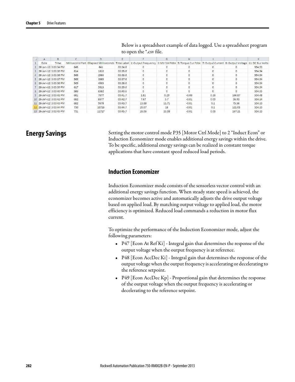 Energy savings, Induction economizer | Rockwell Automation 20G PowerFlex 750-Series AC Drives User Manual | Page 282 / 432
