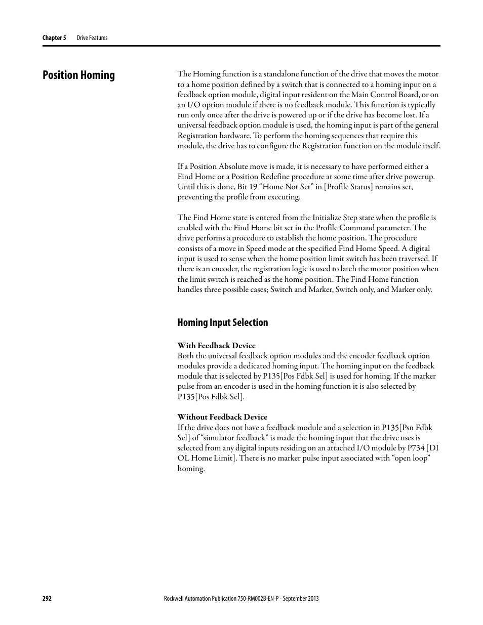 Position homing, Homing input selection | Rockwell Automation 20G PowerFlex 750-Series AC Drives User Manual | Page 292 / 432