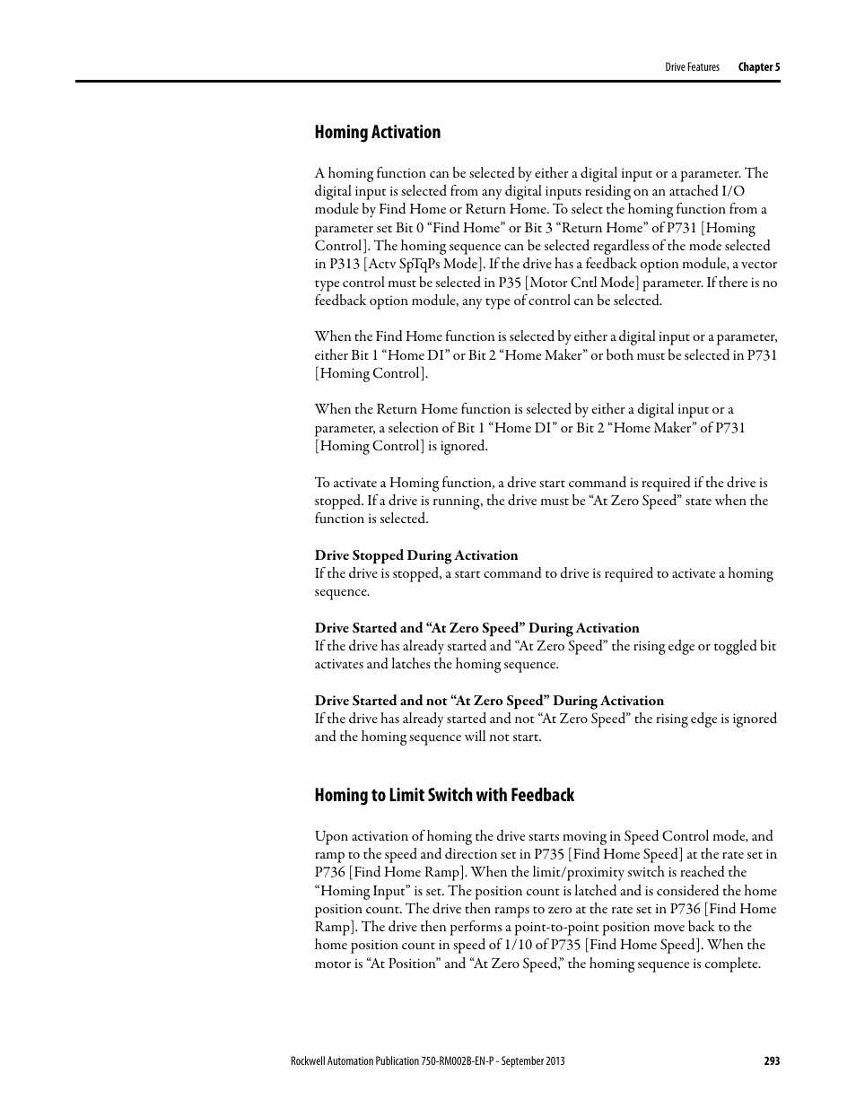 Homing activation, Homing to limit switch with feedback | Rockwell Automation 20G PowerFlex 750-Series AC Drives User Manual | Page 293 / 432