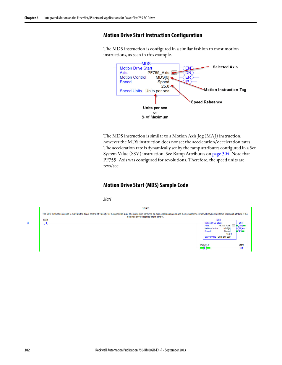 Motion drive start instruction configuration, Motion drive start (mds) sample code | Rockwell Automation 20G PowerFlex 750-Series AC Drives User Manual | Page 302 / 432