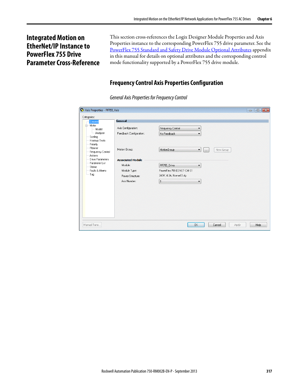 Frequency control axis properties configuration | Rockwell Automation 20G PowerFlex 750-Series AC Drives User Manual | Page 317 / 432