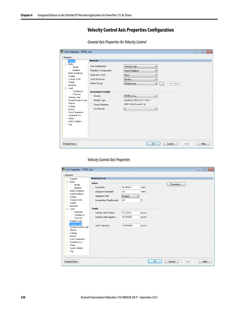 Velocity control axis properties configuration | Rockwell Automation 20G PowerFlex 750-Series AC Drives User Manual | Page 320 / 432