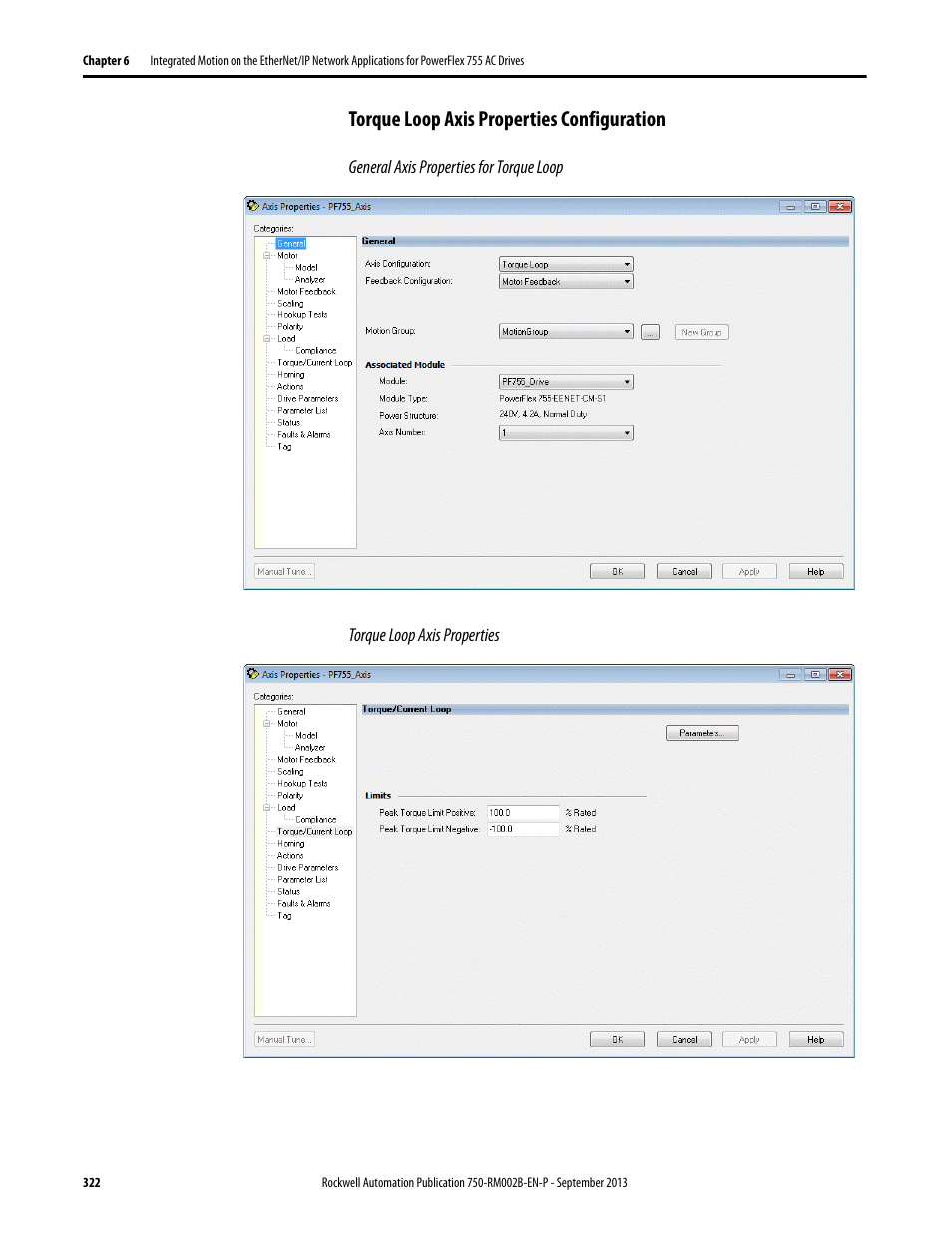 Torque loop axis properties configuration | Rockwell Automation 20G PowerFlex 750-Series AC Drives User Manual | Page 322 / 432