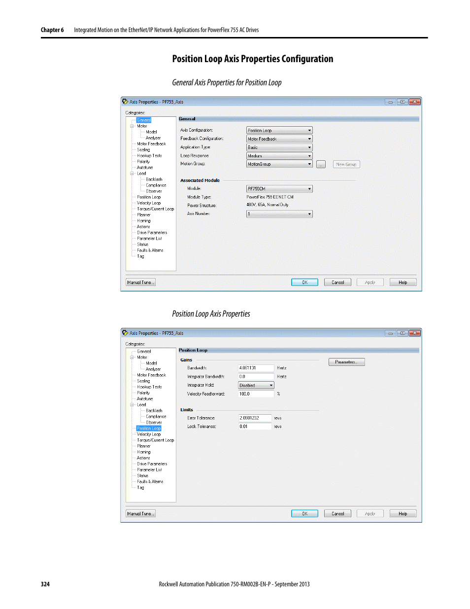 Position loop axis properties configuration | Rockwell Automation 20G PowerFlex 750-Series AC Drives User Manual | Page 324 / 432