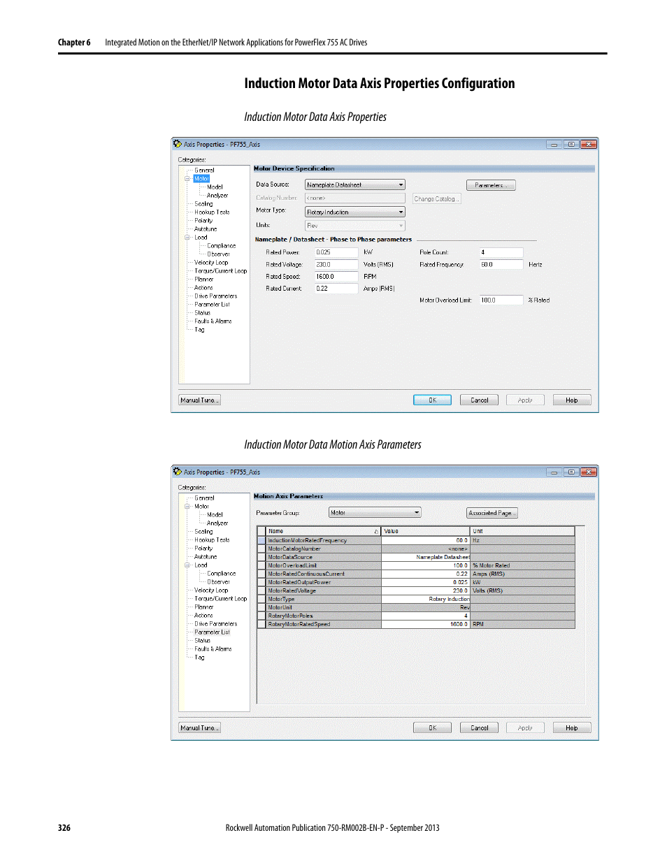 Induction motor data axis properties configuration | Rockwell Automation 20G PowerFlex 750-Series AC Drives User Manual | Page 326 / 432