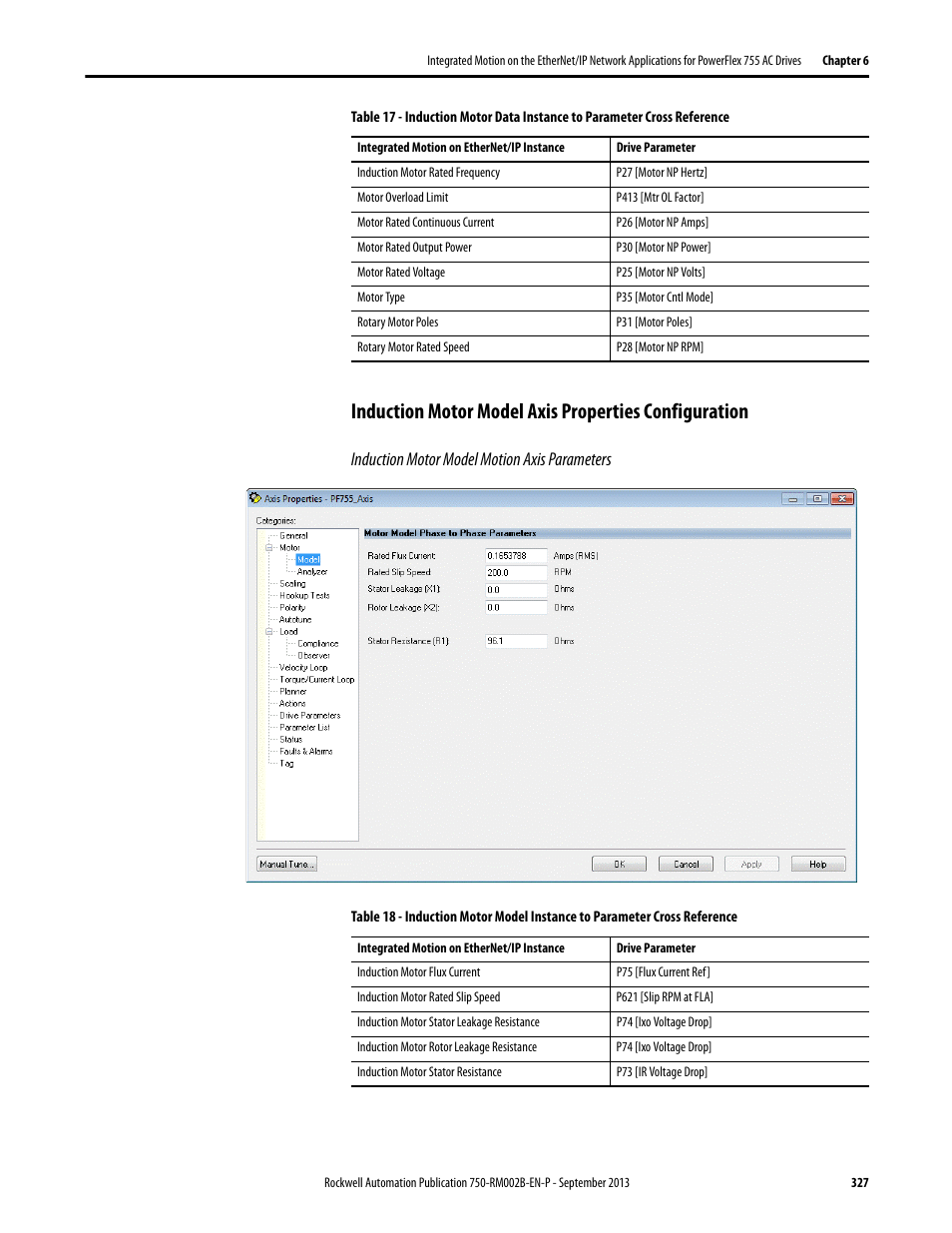 Induction motor model motion axis parameters | Rockwell Automation 20G PowerFlex 750-Series AC Drives User Manual | Page 327 / 432