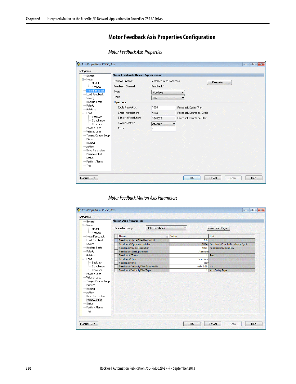 Motor feedback axis properties configuration | Rockwell Automation 20G PowerFlex 750-Series AC Drives User Manual | Page 330 / 432