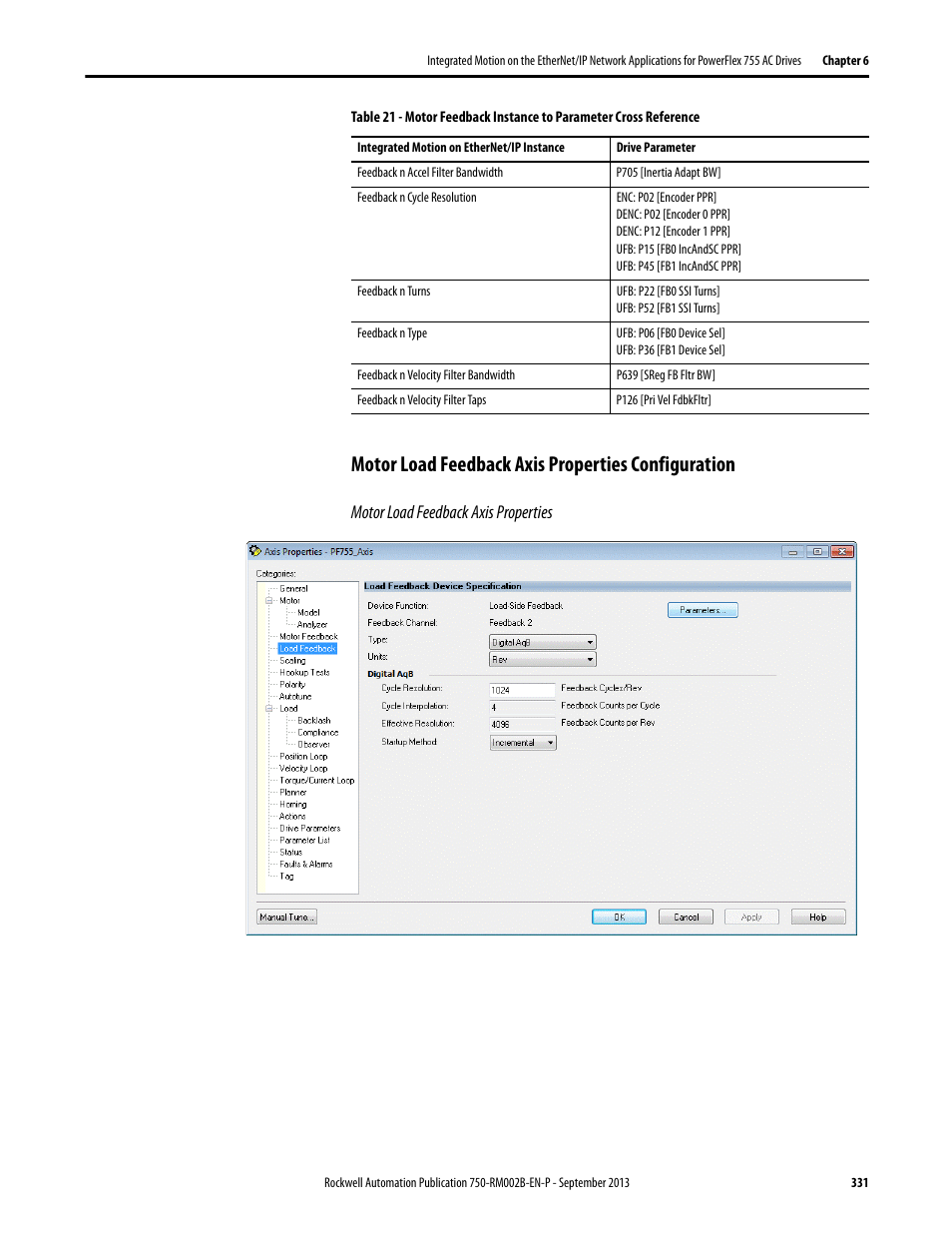 Motor load feedback axis properties configuration | Rockwell Automation 20G PowerFlex 750-Series AC Drives User Manual | Page 331 / 432