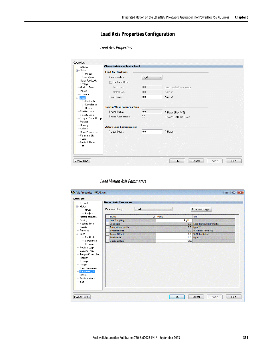 Load axis properties configuration | Rockwell Automation 20G PowerFlex 750-Series AC Drives User Manual | Page 333 / 432