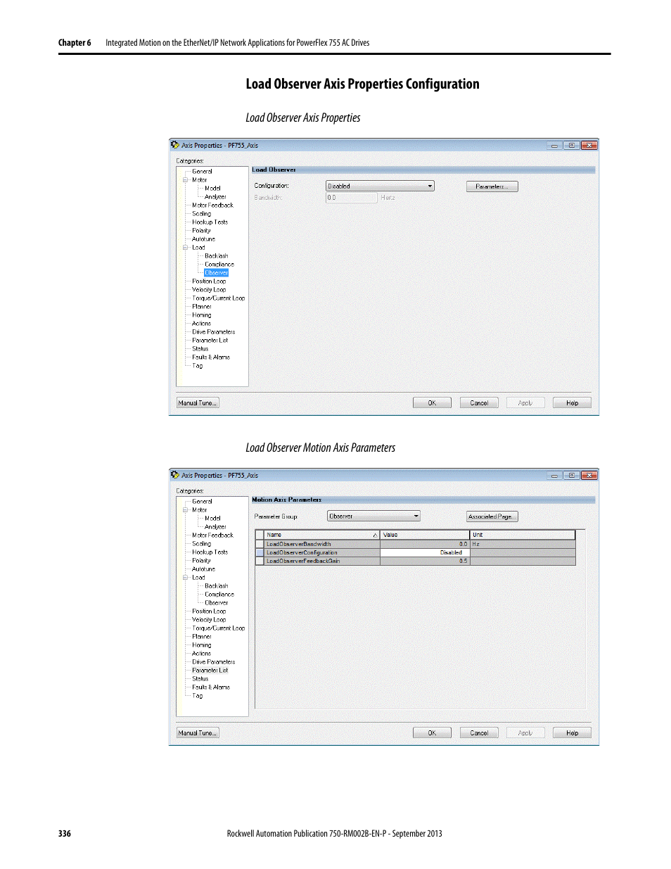 Load observer axis properties configuration | Rockwell Automation 20G PowerFlex 750-Series AC Drives User Manual | Page 336 / 432