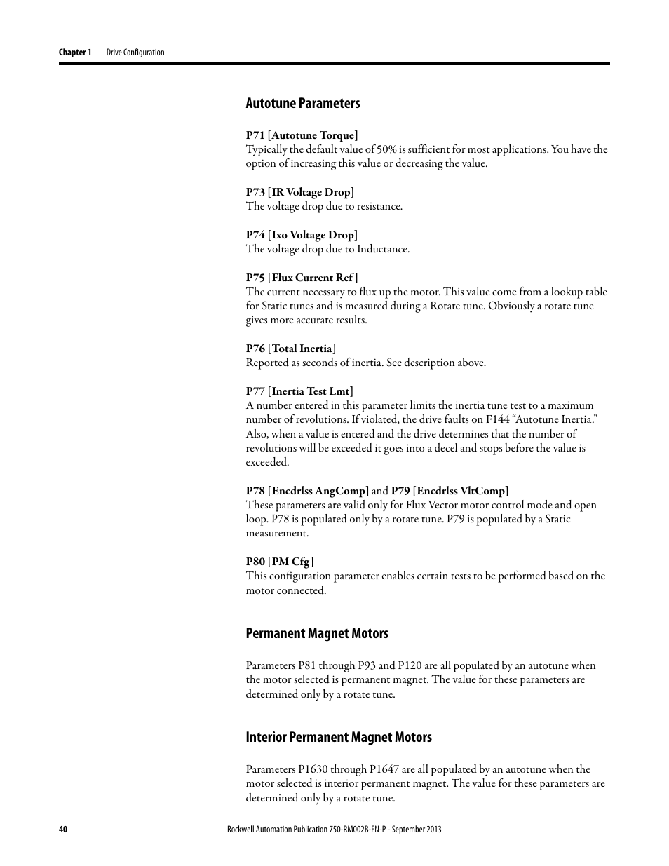 Autotune parameters, Permanent magnet motors, Interior permanent magnet motors | Rockwell Automation 20G PowerFlex 750-Series AC Drives User Manual | Page 40 / 432