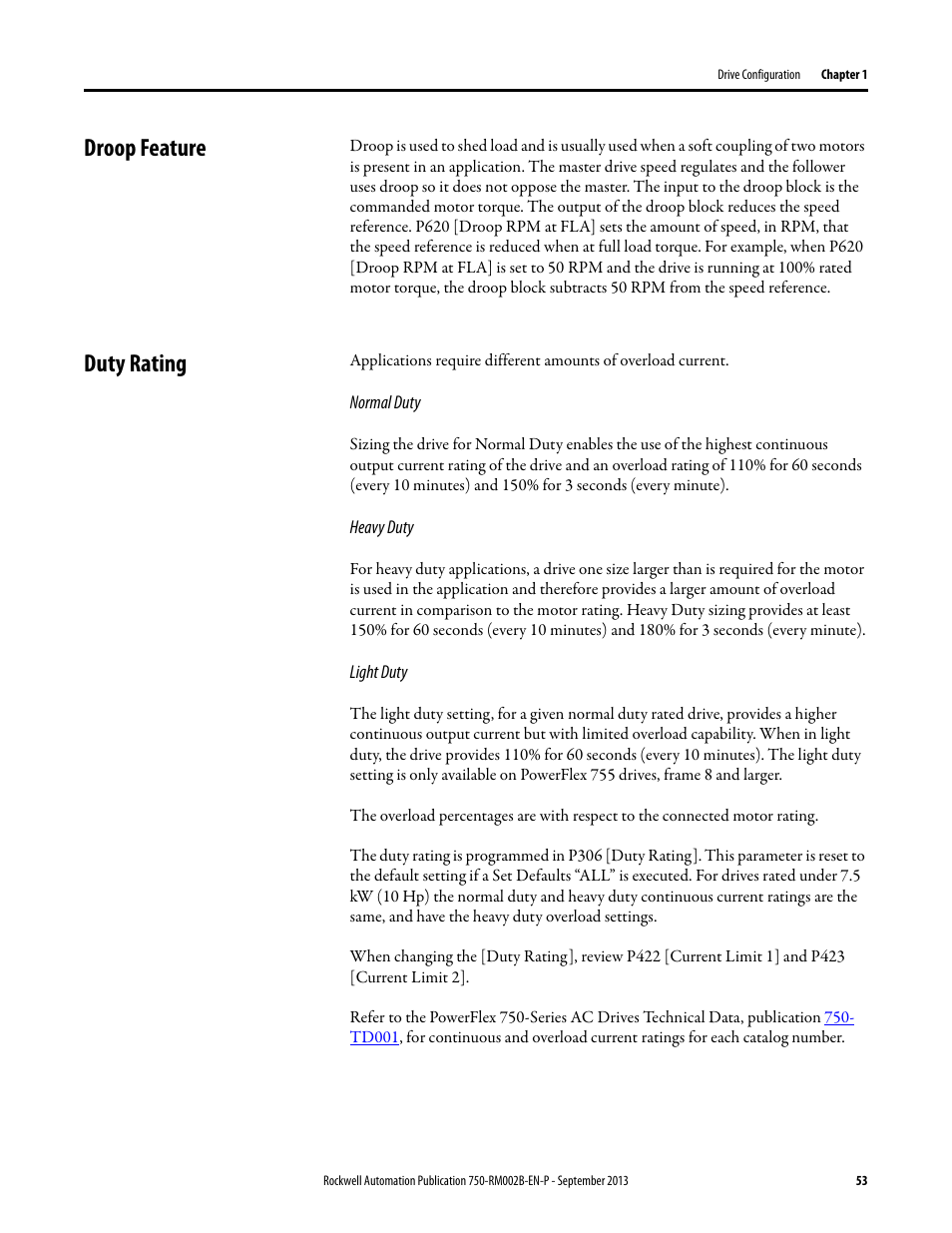 Droop feature, Duty rating, Droop feature duty rating | Rockwell Automation 20G PowerFlex 750-Series AC Drives User Manual | Page 53 / 432