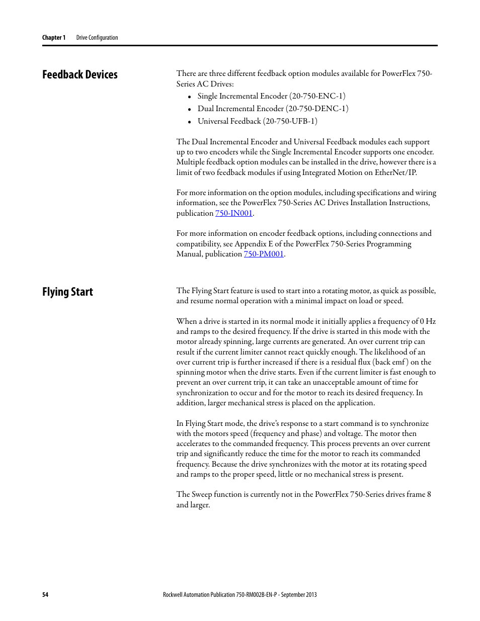 Feedback devices, Flying start, Feedback devices flying start | Rockwell Automation 20G PowerFlex 750-Series AC Drives User Manual | Page 54 / 432