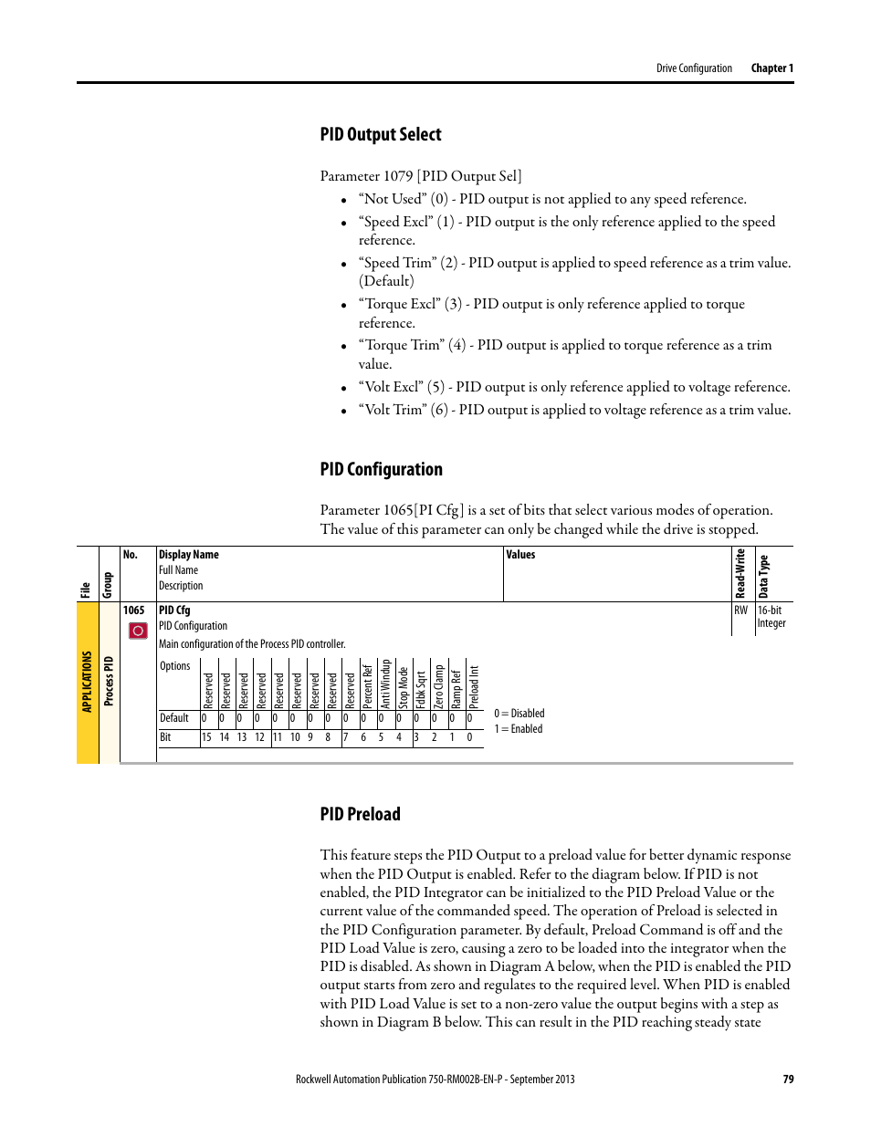 Pid output select, Pid configuration, Pid preload | Rockwell Automation 20G PowerFlex 750-Series AC Drives User Manual | Page 79 / 432