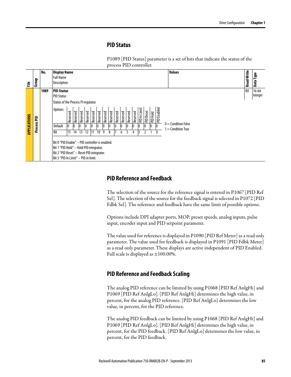 Pid status, Pid reference and feedback, Pid reference and feedback scaling | Rockwell Automation 20G PowerFlex 750-Series AC Drives User Manual | Page 85 / 432