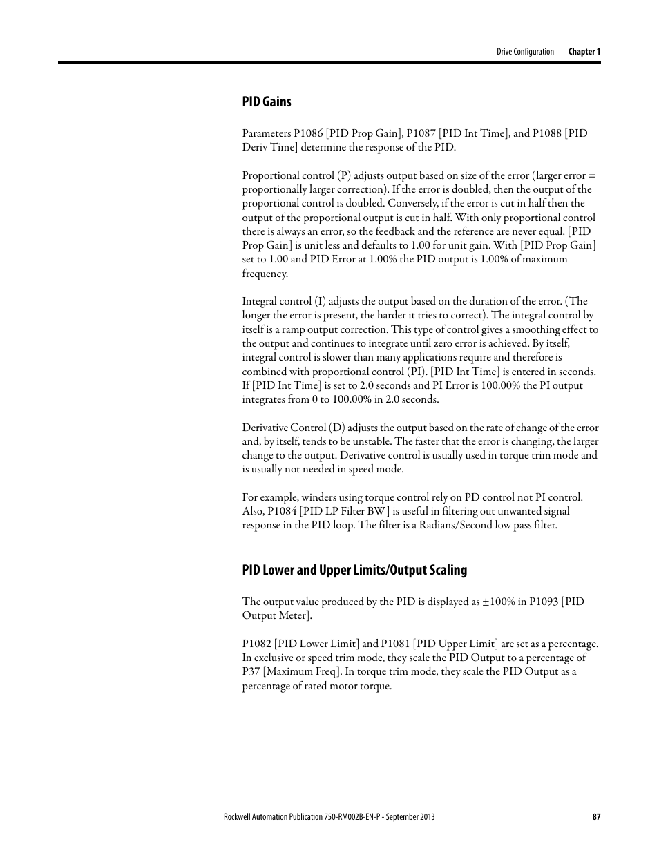 Pid gains, Pid lower and upper limits/output scaling | Rockwell Automation 20G PowerFlex 750-Series AC Drives User Manual | Page 87 / 432