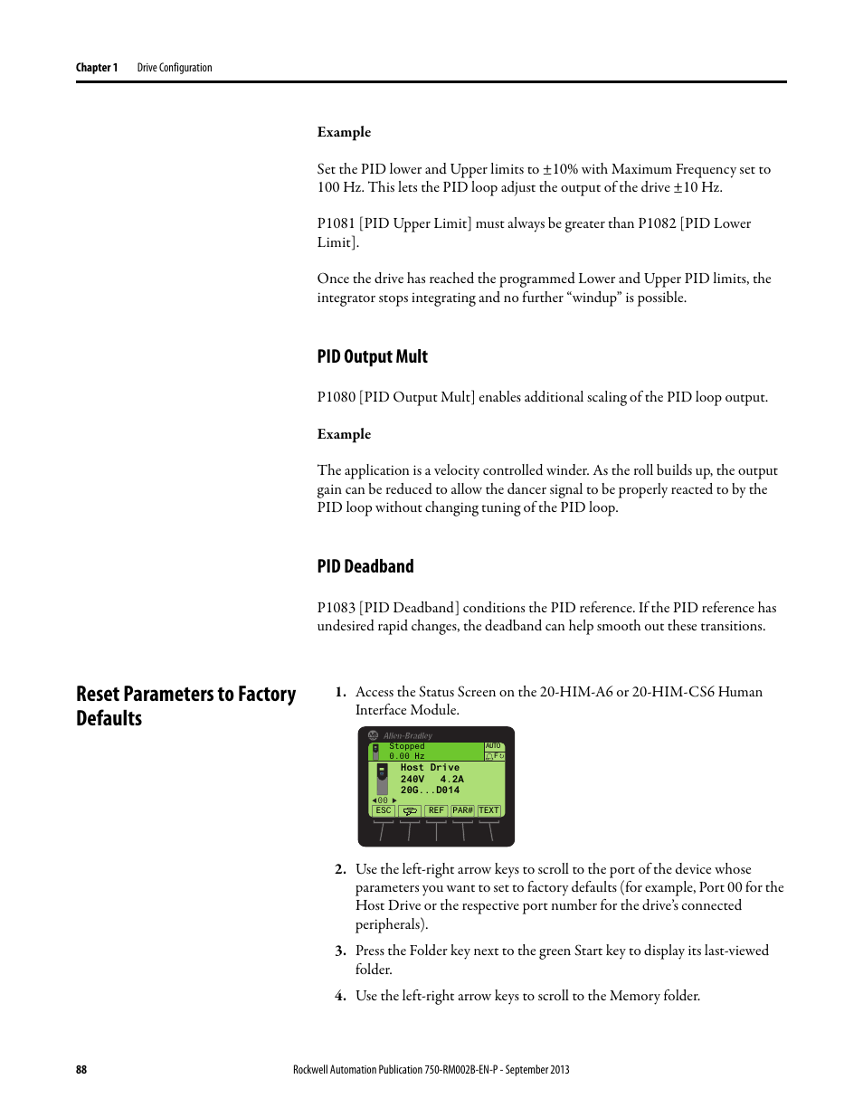 Pid output mult, Pid deadband, Reset parameters to factory defaults | Rockwell Automation 20G PowerFlex 750-Series AC Drives User Manual | Page 88 / 432