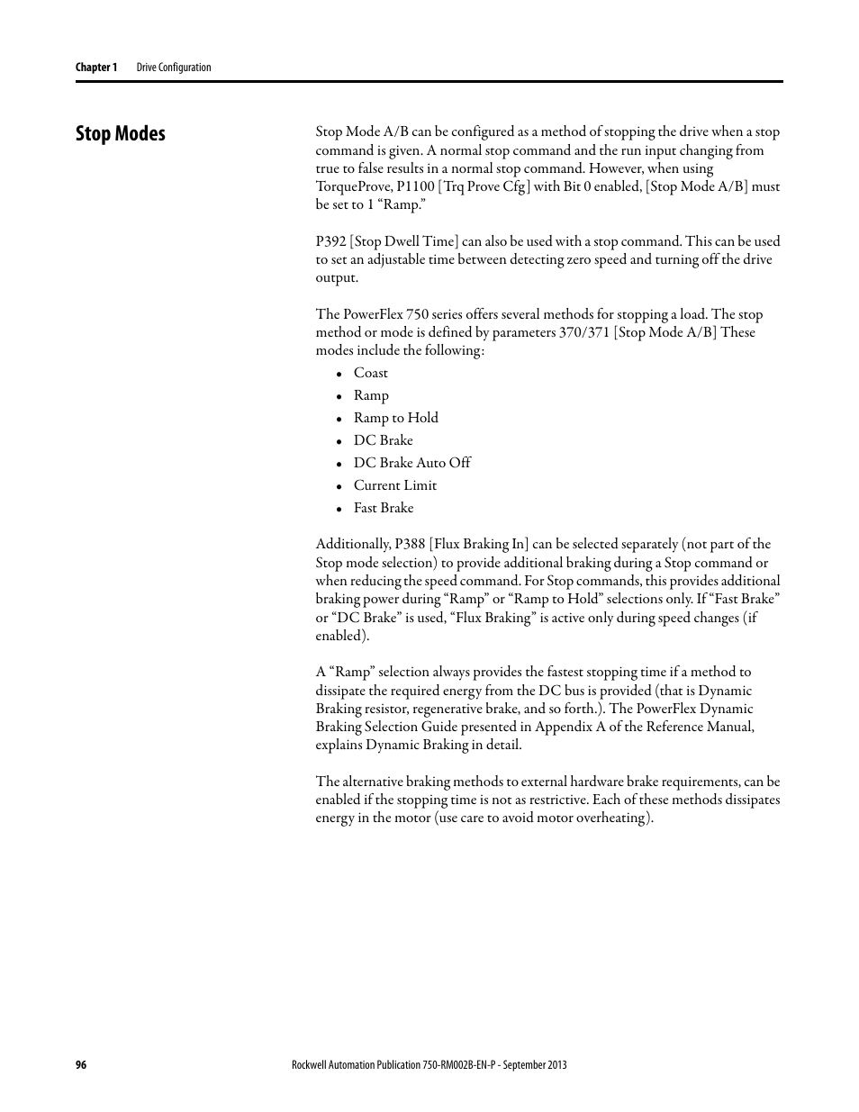 Stop modes | Rockwell Automation 20G PowerFlex 750-Series AC Drives User Manual | Page 96 / 432