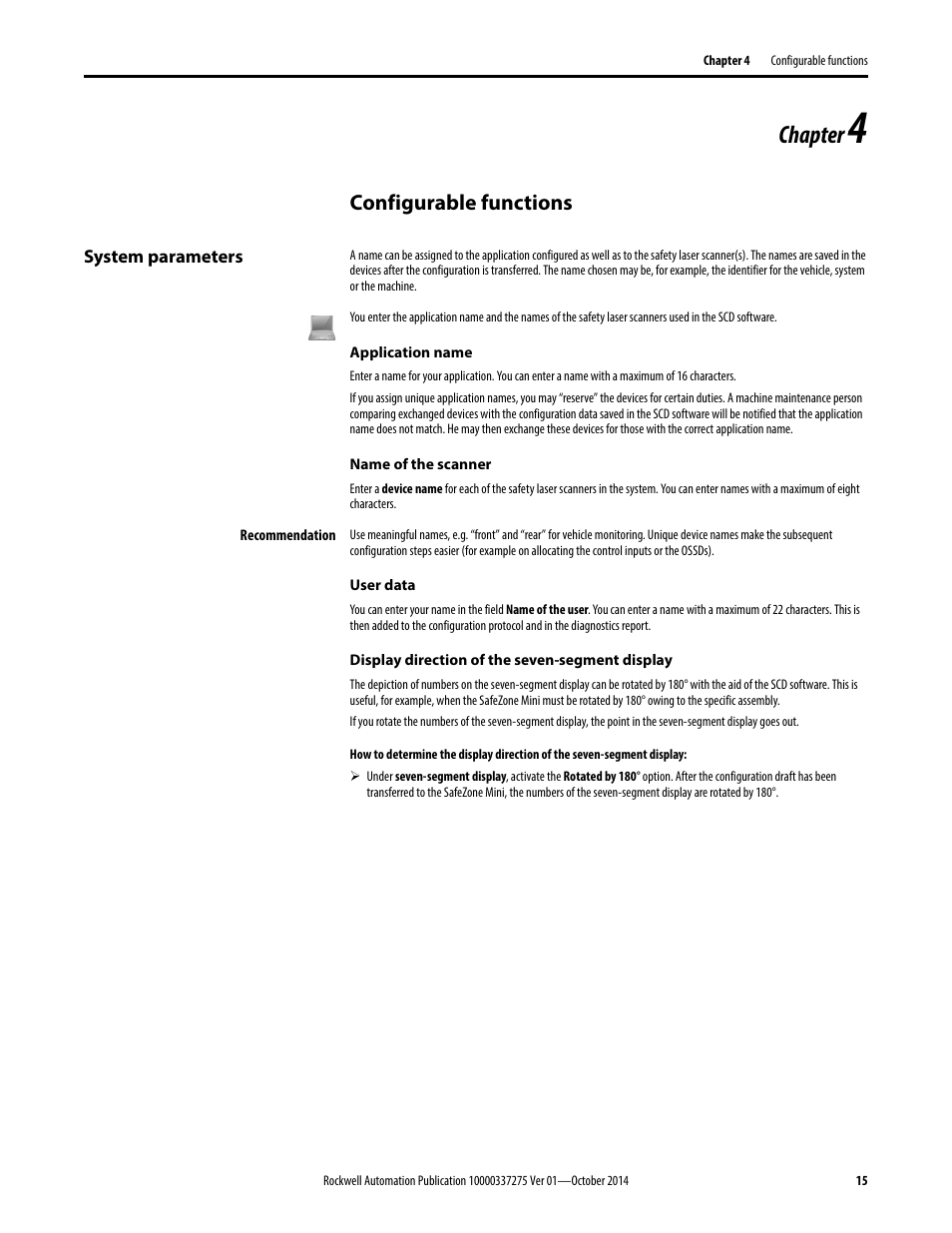 Chapter, Configurable functions | Rockwell Automation 442L-SFZNMN SafeZone Mini Safety Laser Scanner User Manual User Manual | Page 17 / 80