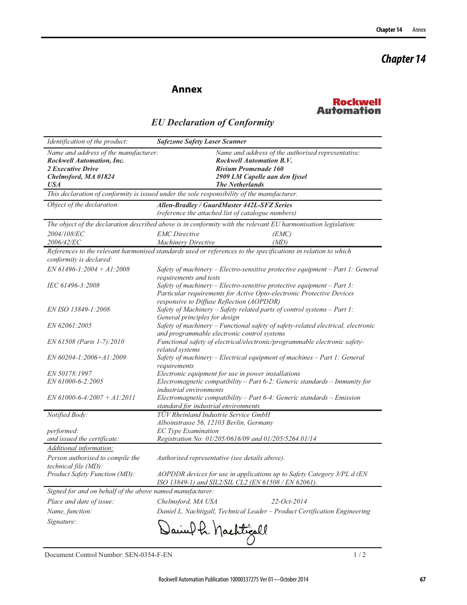 Chapter 14, Annex, Eu declaration of conformity | Rockwell Automation 442L-SFZNMN SafeZone Mini Safety Laser Scanner User Manual User Manual | Page 69 / 80