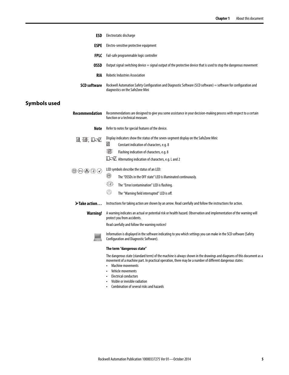 Symbols used | Rockwell Automation 442L-SFZNMN SafeZone Mini Safety Laser Scanner User Manual User Manual | Page 7 / 80