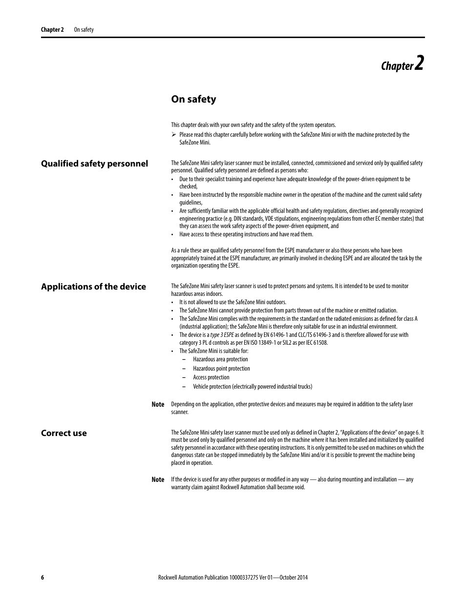 Chapter, On safety | Rockwell Automation 442L-SFZNMN SafeZone Mini Safety Laser Scanner User Manual User Manual | Page 8 / 80