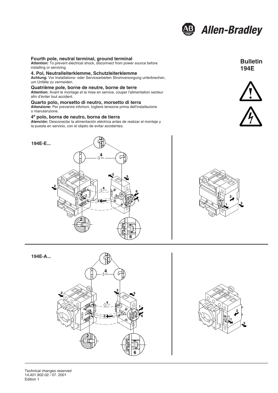 Rockwell Automation 194E 4th Pole, Neutral Terminal, Ground Terminal User Manual | 1 page