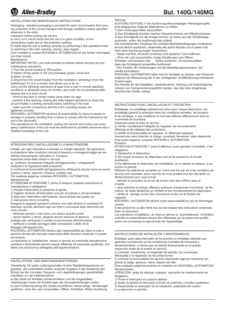 Rockwell Automation 140MG- Maintenance Instructions User Manual | 2 pages