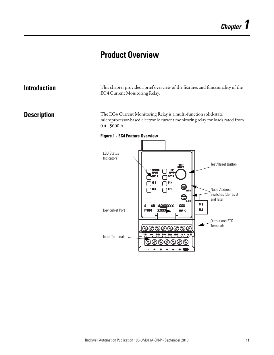 Product overview, Chapter, Introduction | Description | Rockwell Automation 193-EC4 EC4 Current Monitoring Relay User Manual User Manual | Page 10 / 157