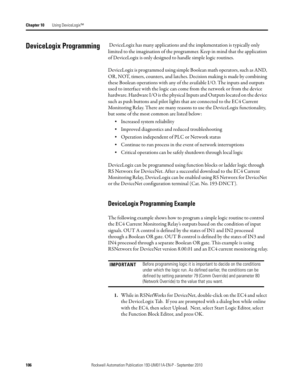 Devicelogix programming, Devicelogix programming example | Rockwell Automation 193-EC4 EC4 Current Monitoring Relay User Manual User Manual | Page 105 / 157