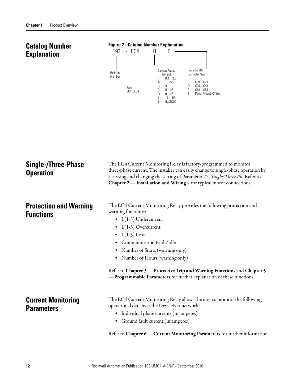 Catalog number explanation, Single-/three-phase operation, Protection and warning functions | Current monitoring parameters, 193 - ec4 b b | Rockwell Automation 193-EC4 EC4 Current Monitoring Relay User Manual User Manual | Page 11 / 157