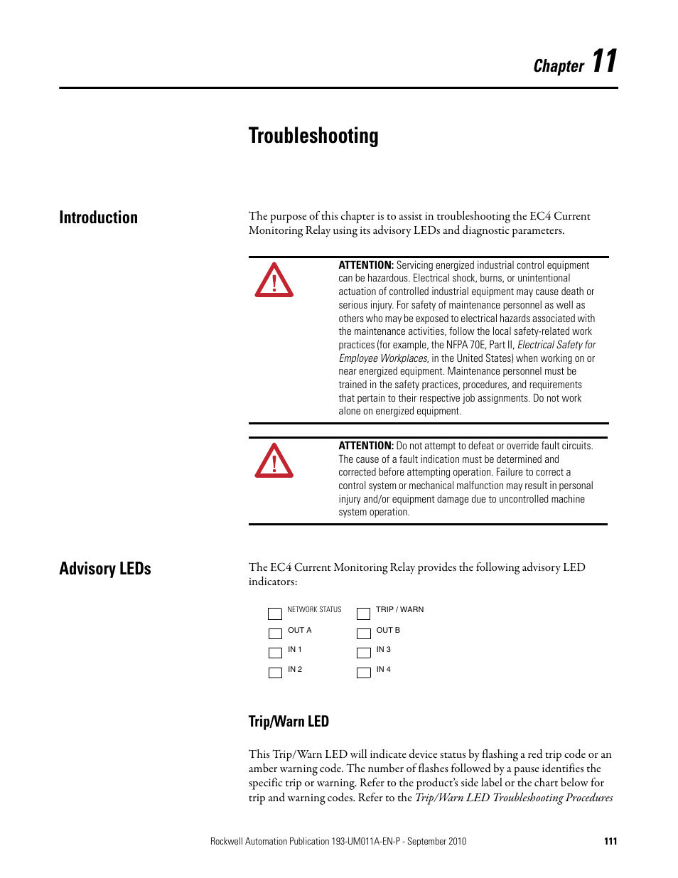 Troubleshooting, Chapter, Introduction | Advisory leds, Trip/warn led | Rockwell Automation 193-EC4 EC4 Current Monitoring Relay User Manual User Manual | Page 110 / 157