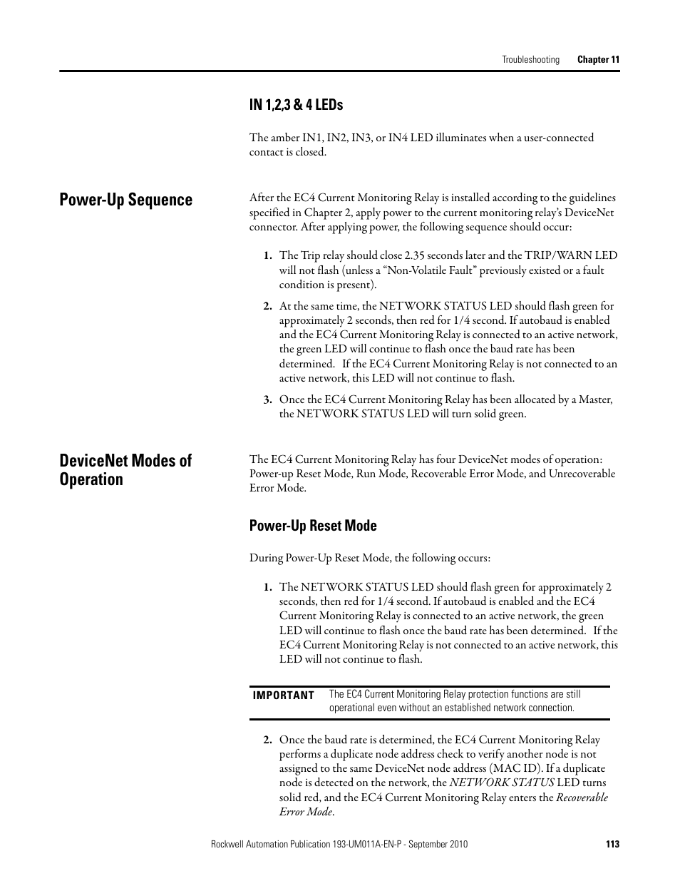 Power-up sequence, Devicenet modes of operation, Power-up reset mode | Rockwell Automation 193-EC4 EC4 Current Monitoring Relay User Manual User Manual | Page 112 / 157