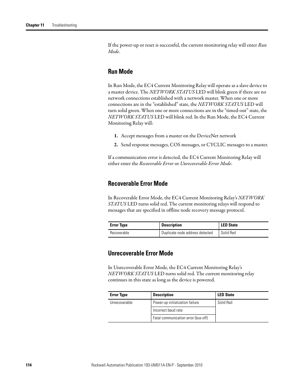 Run mode, Recoverable error mode, Unrecoverable error mode | Rockwell Automation 193-EC4 EC4 Current Monitoring Relay User Manual User Manual | Page 113 / 157