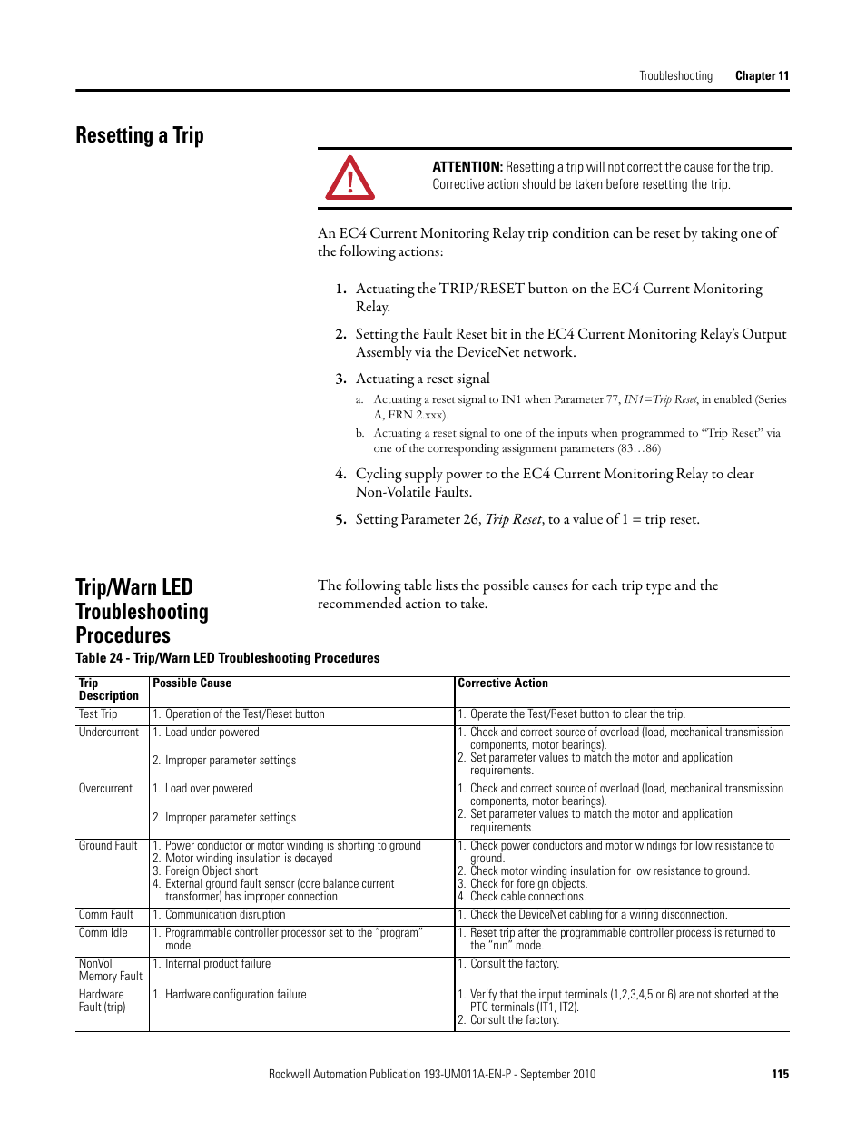 Resetting a trip, Trip/warn led troubleshooting procedures | Rockwell Automation 193-EC4 EC4 Current Monitoring Relay User Manual User Manual | Page 114 / 157