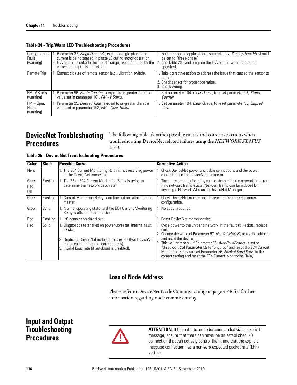 Devicenet troubleshooting procedures, Input and output troubleshooting procedures, Loss of node address | Rockwell Automation 193-EC4 EC4 Current Monitoring Relay User Manual User Manual | Page 115 / 157