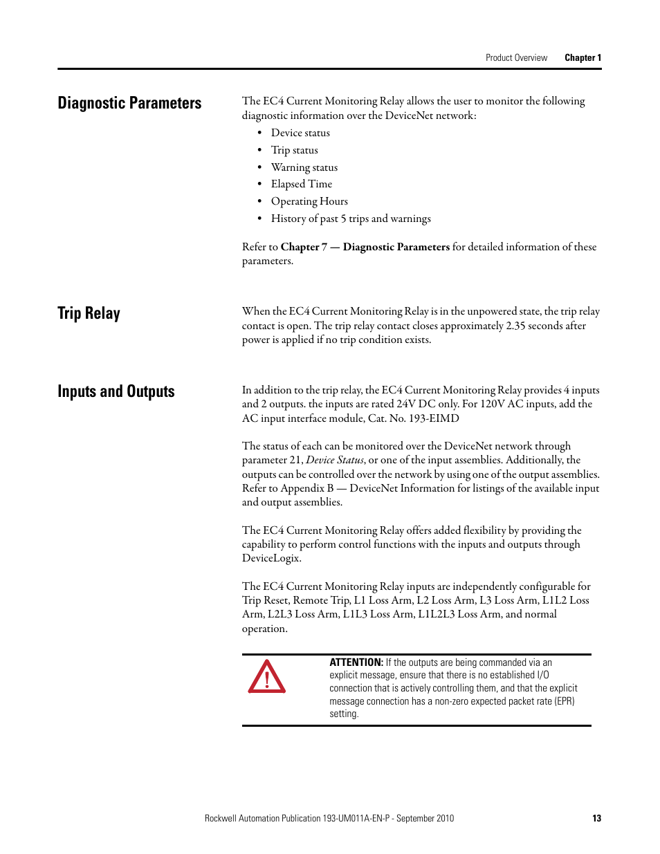 Diagnostic parameters, Trip relay, Inputs and outputs | Rockwell Automation 193-EC4 EC4 Current Monitoring Relay User Manual User Manual | Page 12 / 157
