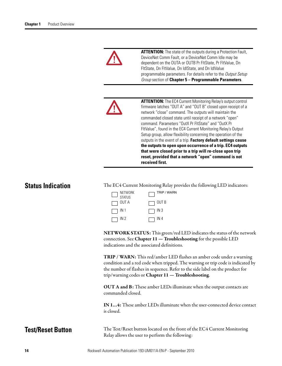 Status indication, Test/reset button | Rockwell Automation 193-EC4 EC4 Current Monitoring Relay User Manual User Manual | Page 13 / 157