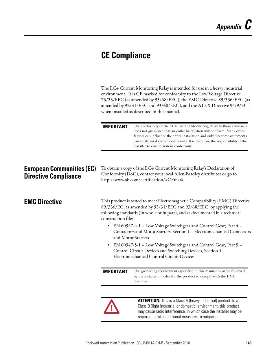 Ce compliance, Appendix, European communities (ec) directive compliance | Emc directive | Rockwell Automation 193-EC4 EC4 Current Monitoring Relay User Manual User Manual | Page 148 / 157