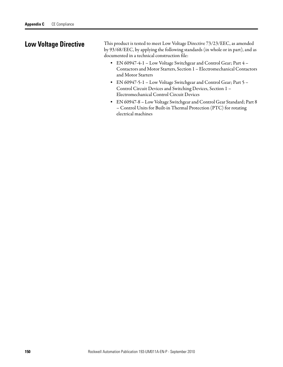 Low voltage directive | Rockwell Automation 193-EC4 EC4 Current Monitoring Relay User Manual User Manual | Page 149 / 157