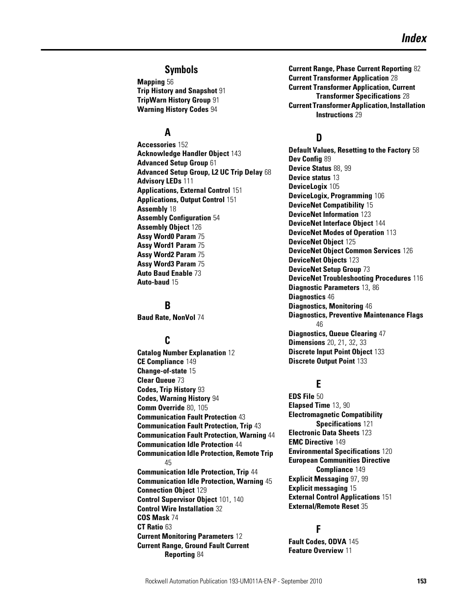 Index, Symbols | Rockwell Automation 193-EC4 EC4 Current Monitoring Relay User Manual User Manual | Page 152 / 157