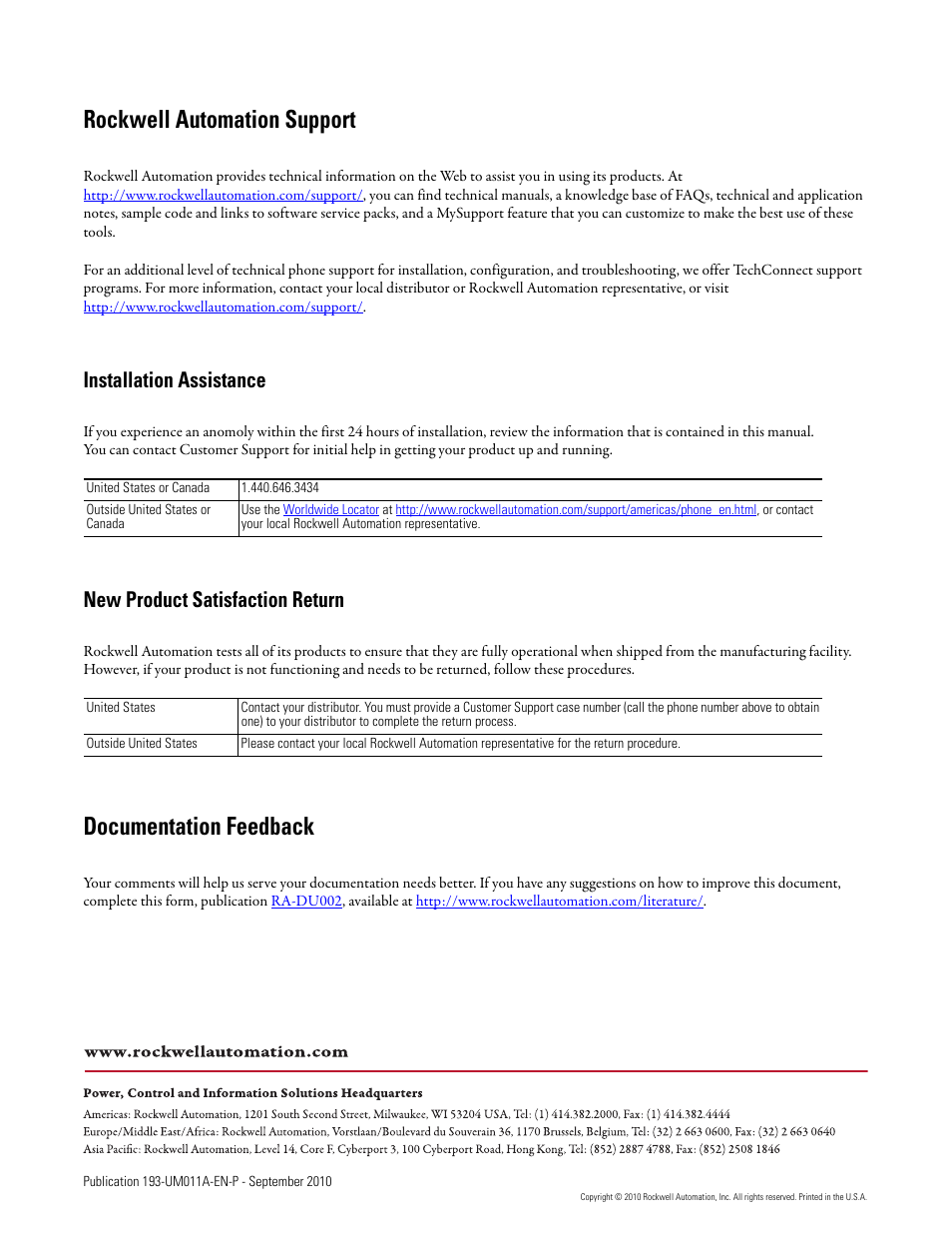 Rockwell automation support, Documentation feedback, Installation assistance | New product satisfaction return | Rockwell Automation 193-EC4 EC4 Current Monitoring Relay User Manual User Manual | Page 157 / 157