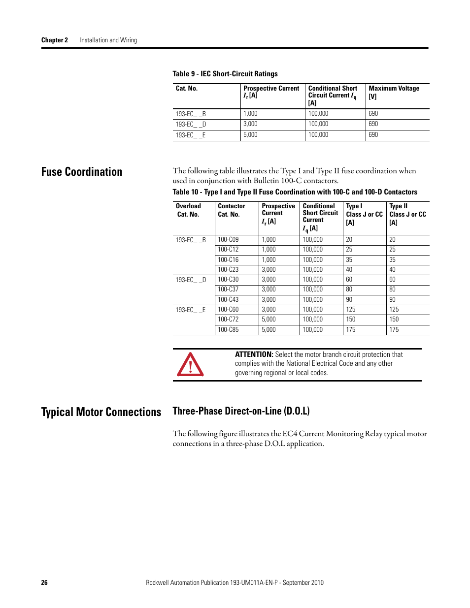 Fuse coordination, Typical motor connections, Three-phase direct-on-line (d.o.l) | Rockwell Automation 193-EC4 EC4 Current Monitoring Relay User Manual User Manual | Page 25 / 157