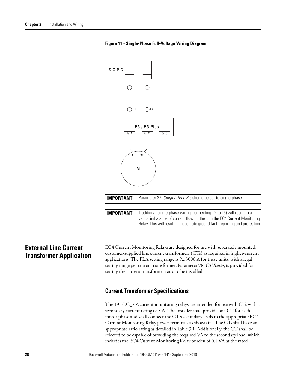 External line current transformer application, Current transformer specifications | Rockwell Automation 193-EC4 EC4 Current Monitoring Relay User Manual User Manual | Page 27 / 157