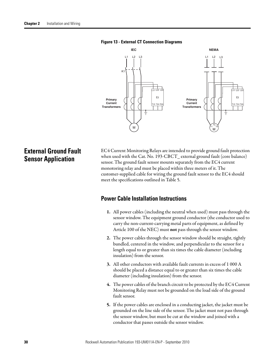 External ground fault sensor application, Power cable installation instructions | Rockwell Automation 193-EC4 EC4 Current Monitoring Relay User Manual User Manual | Page 29 / 157