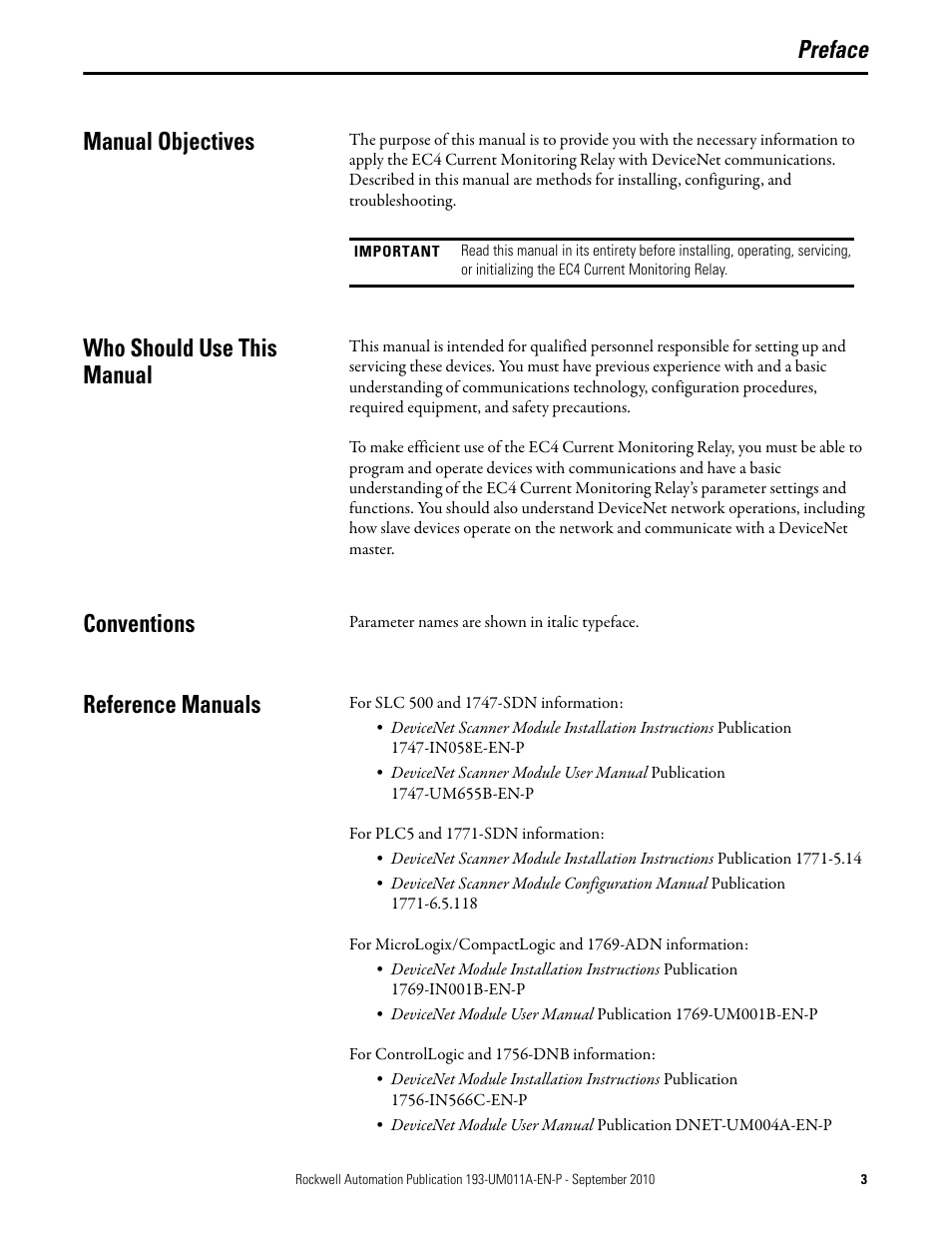 Preface manual objectives, Who should use this manual, Conventions | Reference manuals | Rockwell Automation 193-EC4 EC4 Current Monitoring Relay User Manual User Manual | Page 3 / 157
