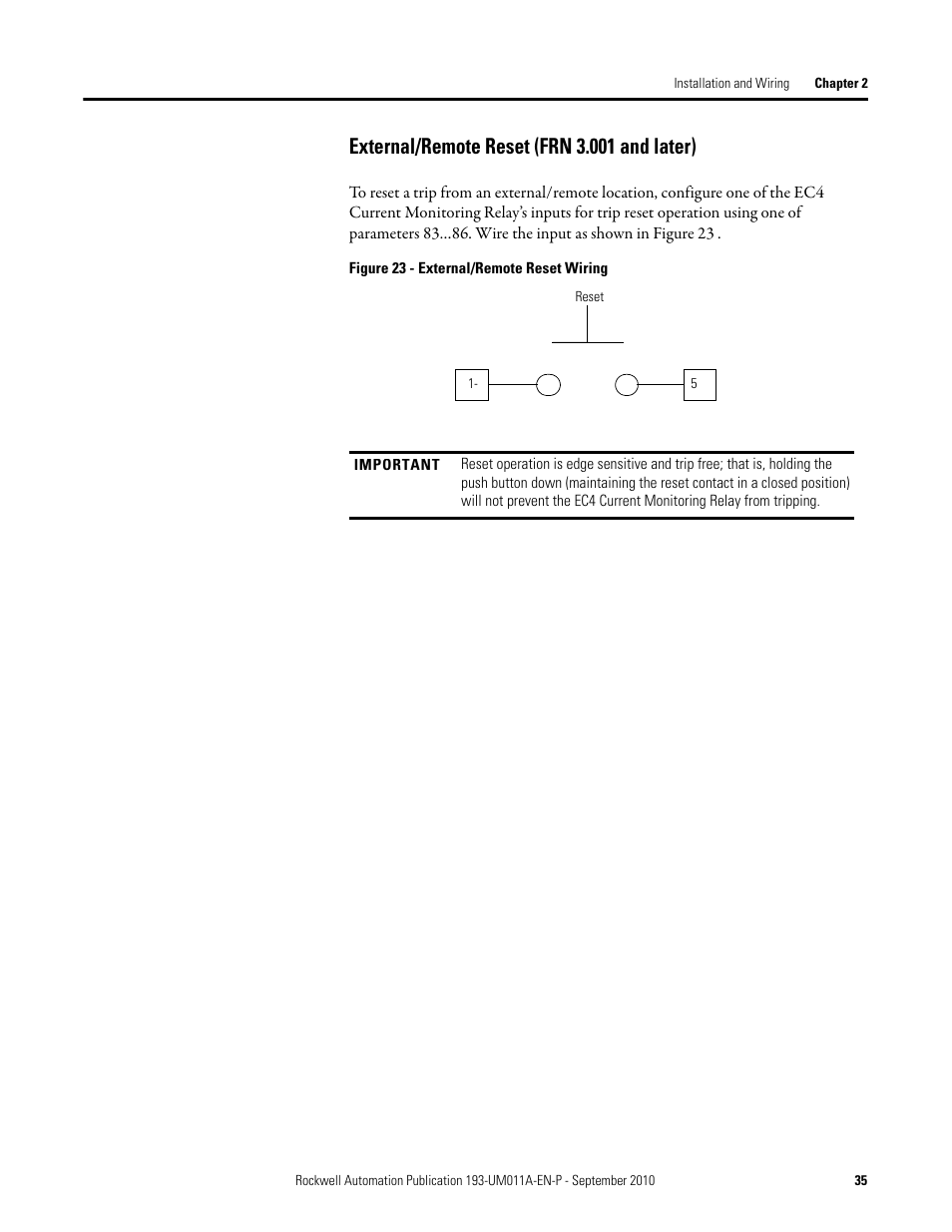 External/remote reset (frn 3.001 and later) | Rockwell Automation 193-EC4 EC4 Current Monitoring Relay User Manual User Manual | Page 34 / 157