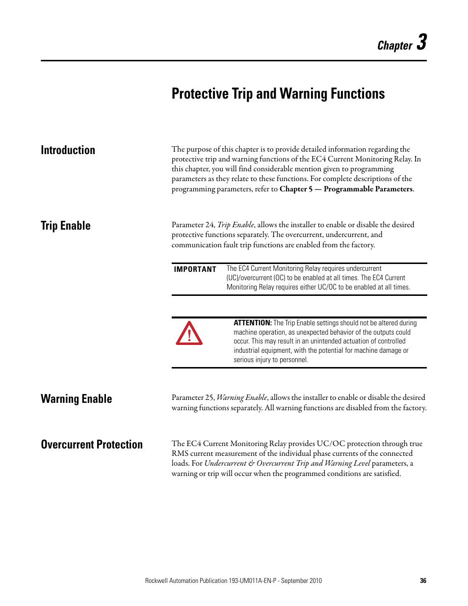 Protective trip and warning functions, Chapter, Introduction | Trip enable, Warning enable, Overcurrent protection | Rockwell Automation 193-EC4 EC4 Current Monitoring Relay User Manual User Manual | Page 35 / 157