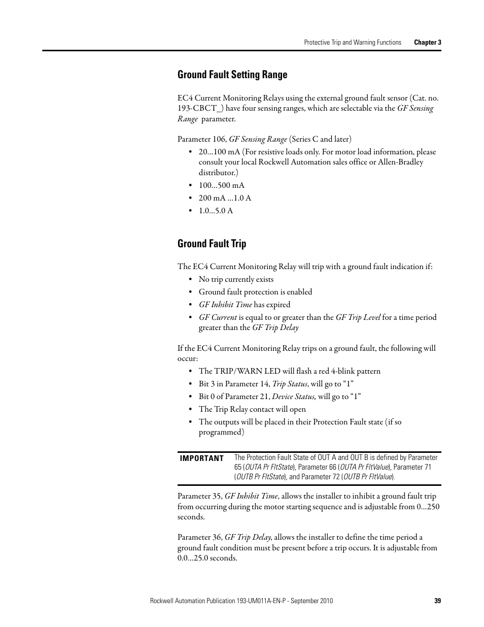 Ground fault setting range, Ground fault trip | Rockwell Automation 193-EC4 EC4 Current Monitoring Relay User Manual User Manual | Page 38 / 157